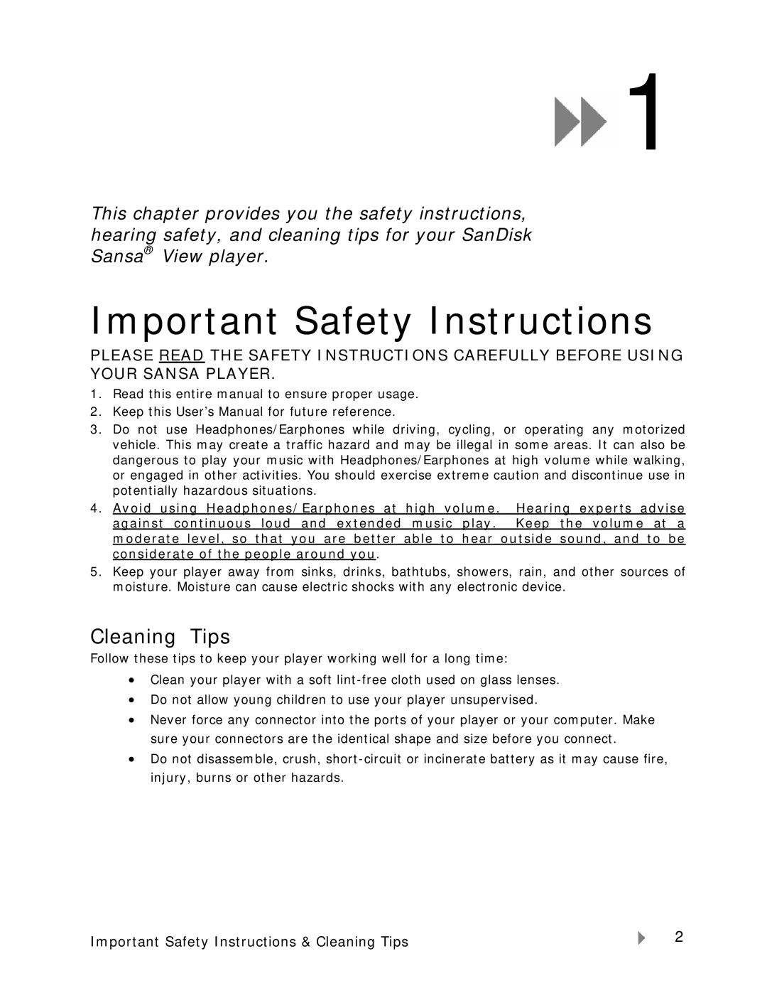 SanDisk VIEW-7UM-ENG user manual Important Safety Instructions, Cleaning Tips 