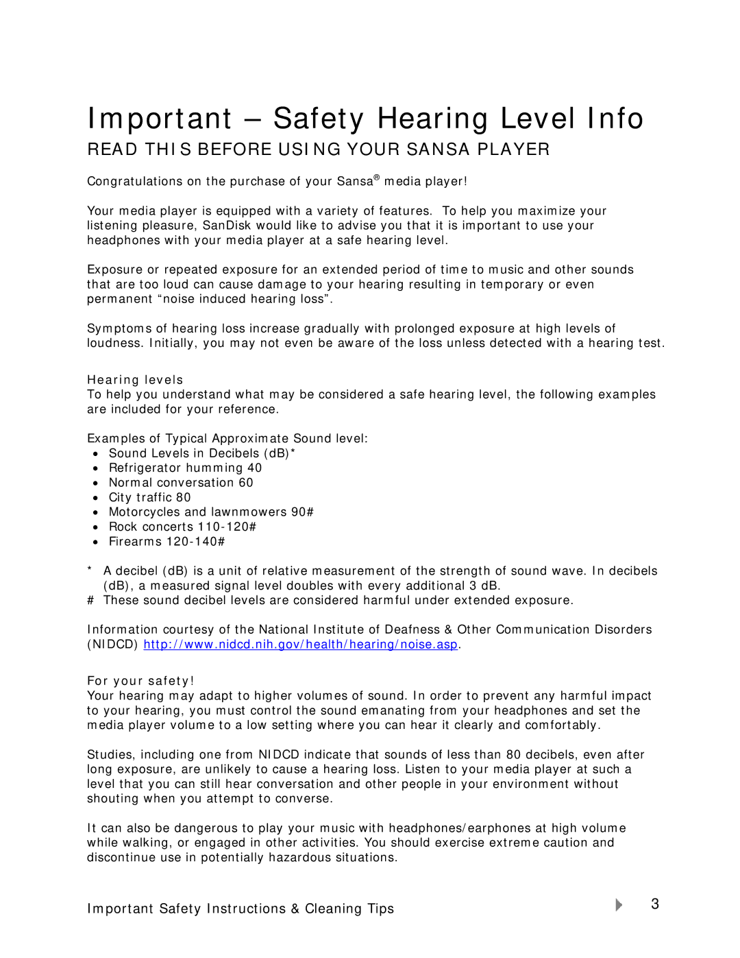 SanDisk VIEW-7UM-ENG user manual Hearing levels, For your safety 