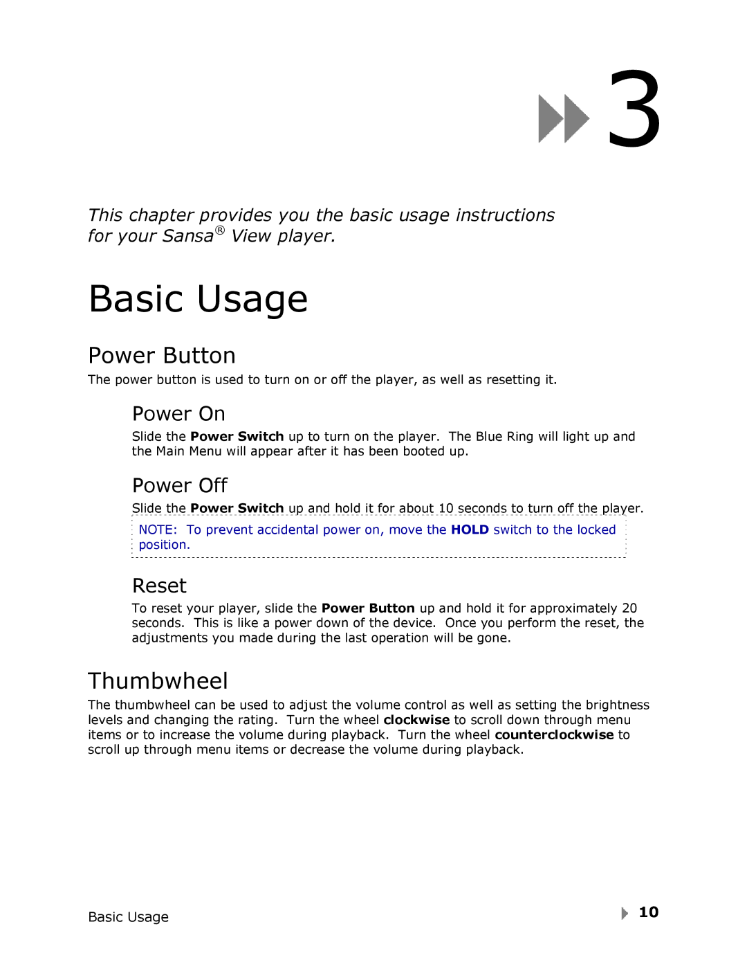 SanDisk View user manual Basic Usage, Power Button, Thumbwheel 