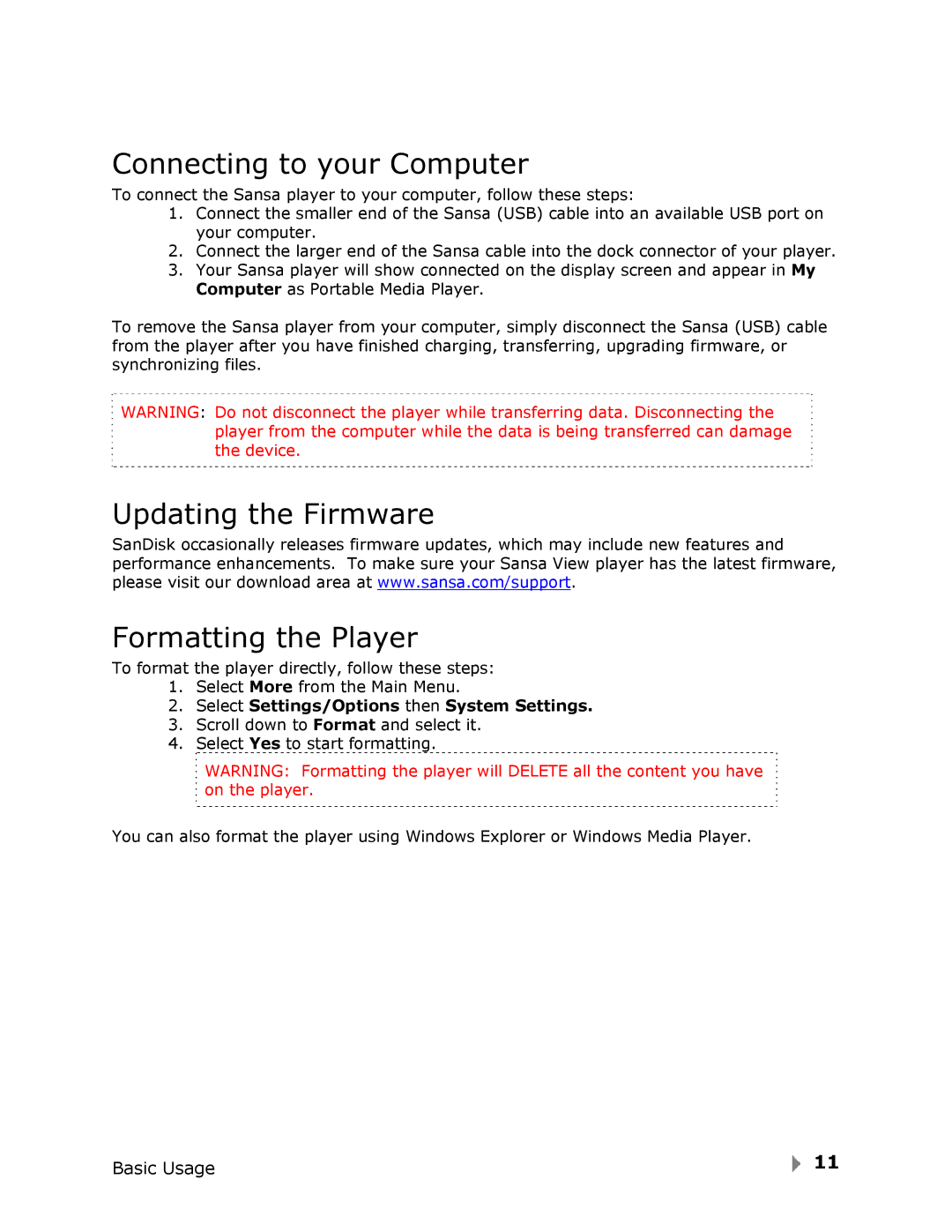 SanDisk View user manual Connecting to your Computer, Updating the Firmware Formatting the Player 