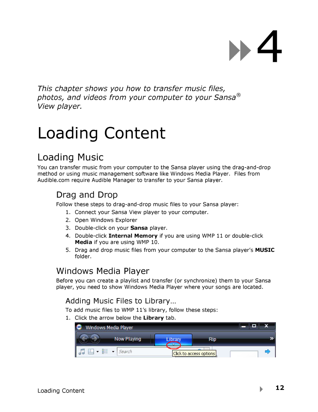 SanDisk View Loading Content, Loading Music, Drag and Drop, Windows Media Player, Adding Music Files to Library… 