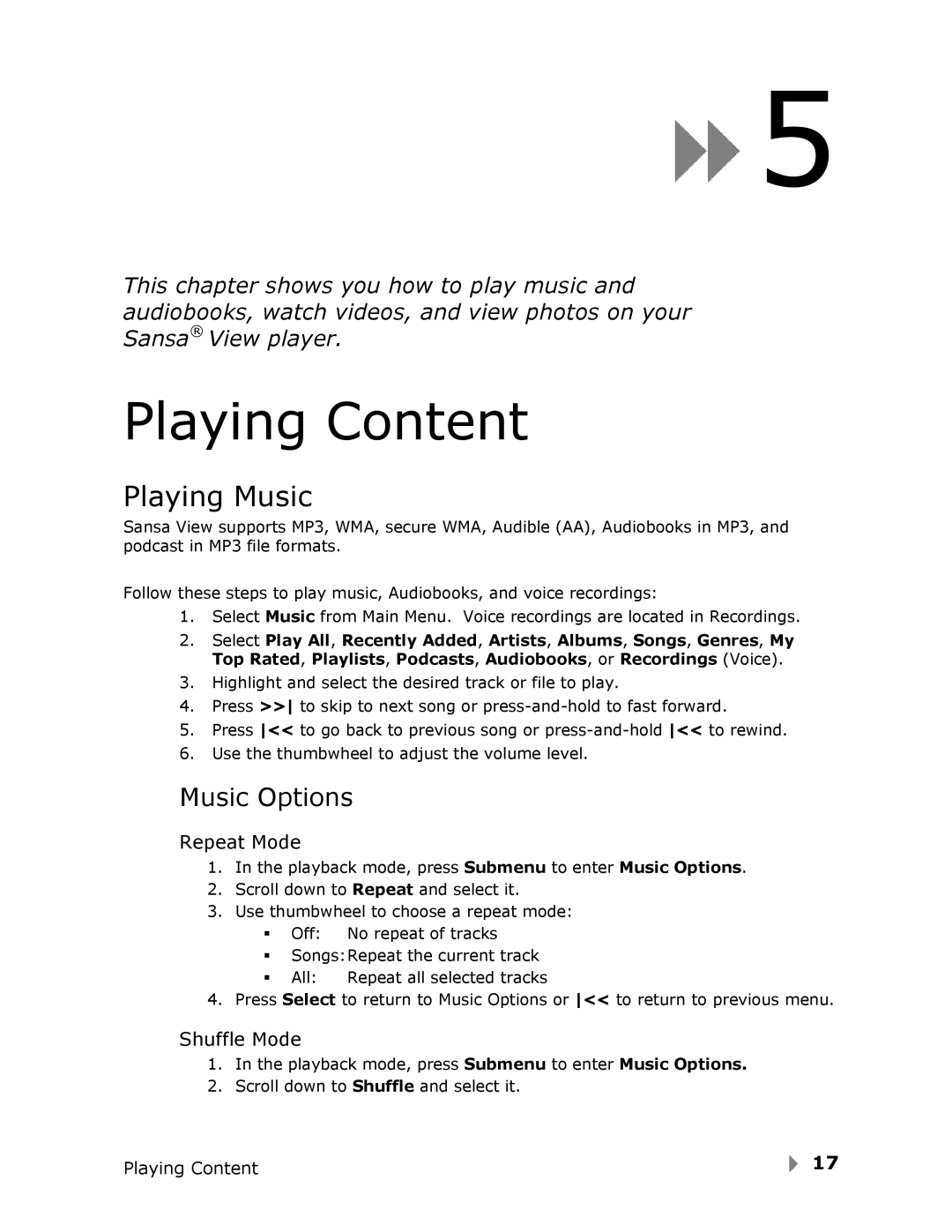 SanDisk View user manual Playing Music, Music Options, Repeat Mode, Shuffle Mode 