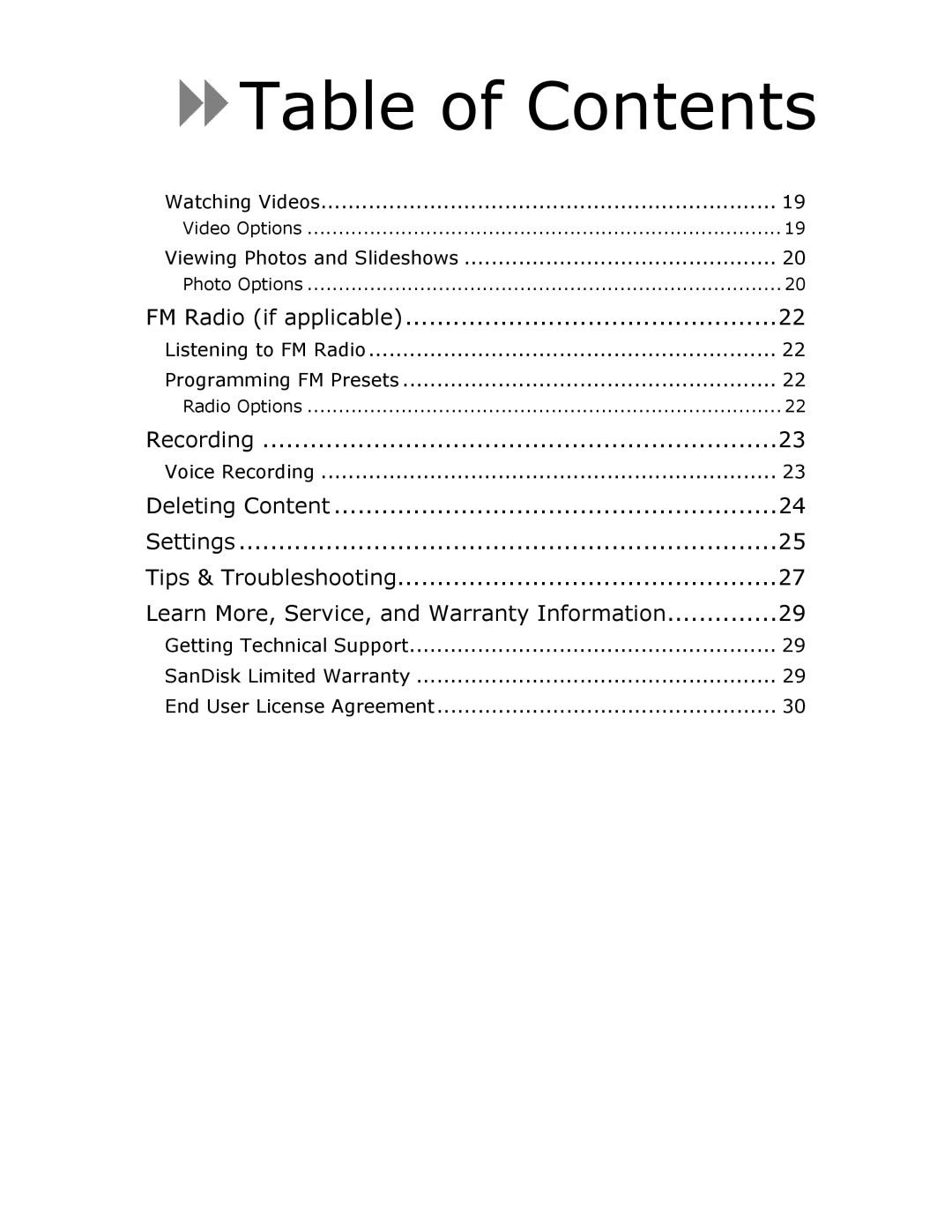 SanDisk View user manual FM Radio if applicable 