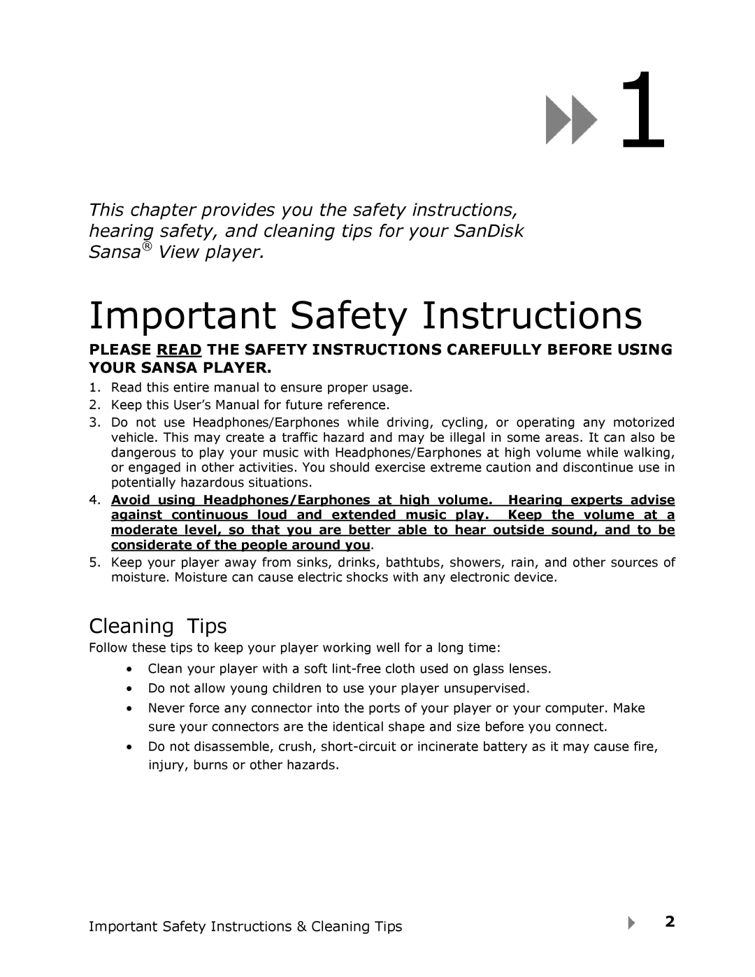 SanDisk View user manual Important Safety Instructions, Cleaning Tips 