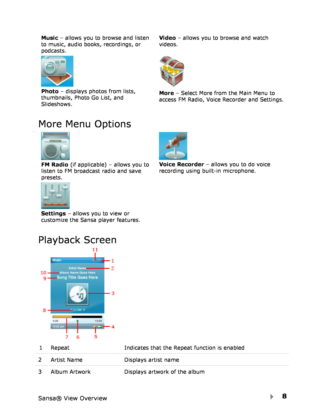 SanDisk View user manual More Menu Options, Playback Screen 