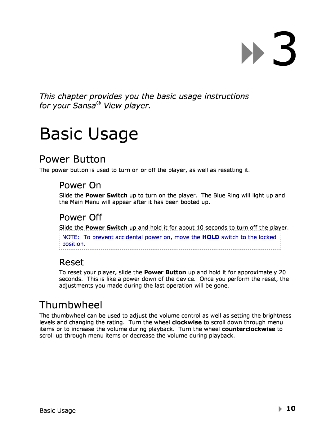 SanDisk View user manual Basic Usage, Power Button, Thumbwheel, Power On, Power Off, Reset 