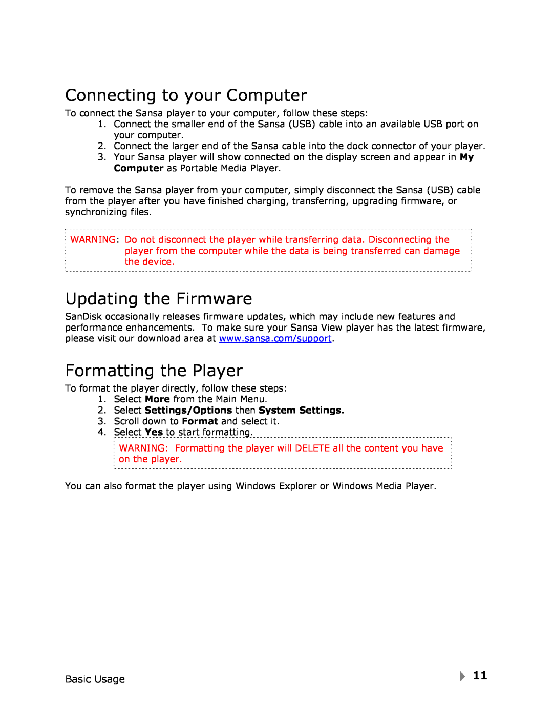 SanDisk View user manual Connecting to your Computer, Updating the Firmware, Formatting the Player 