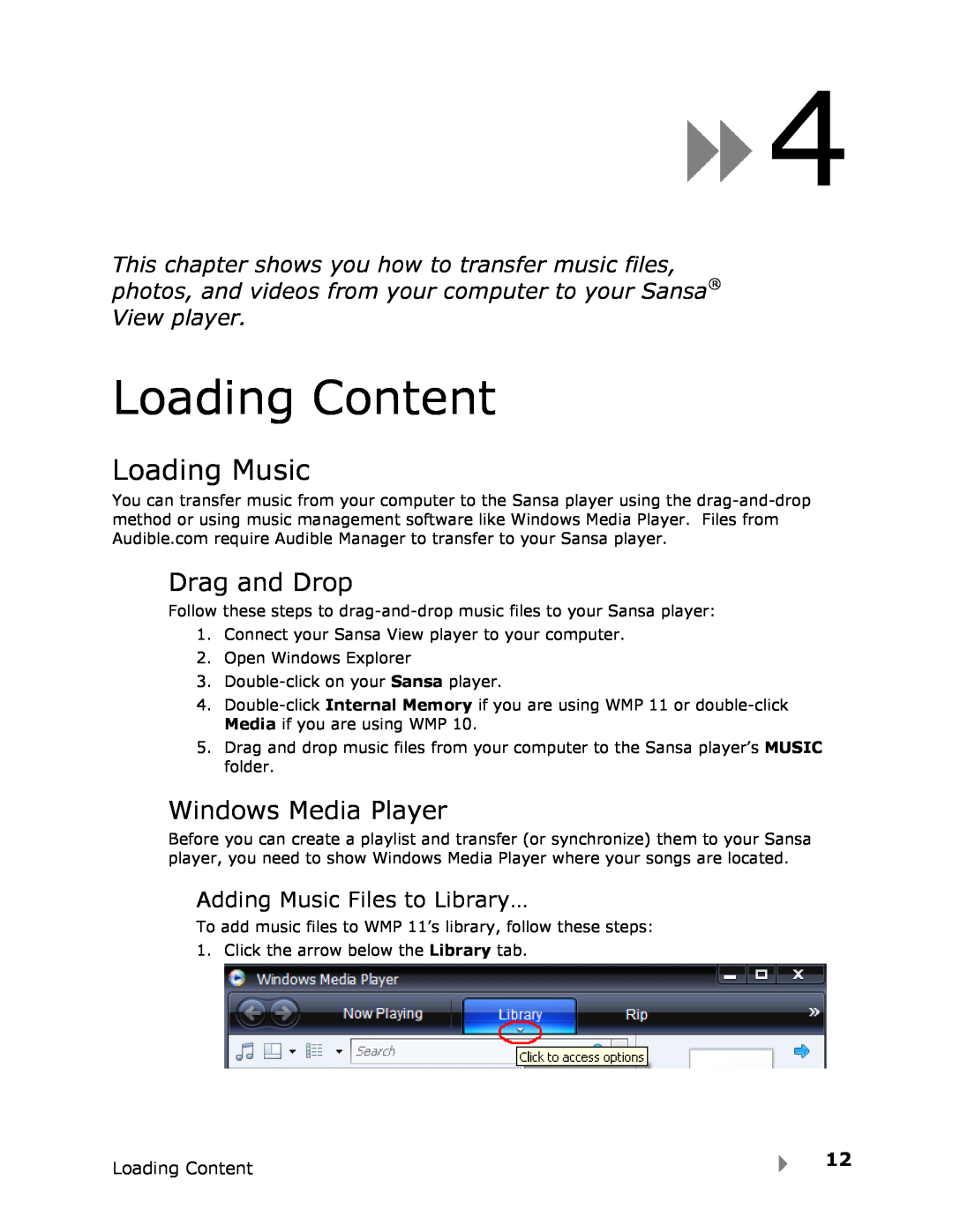 SanDisk View user manual Loading Content, Loading Music, Drag and Drop, Windows Media Player 