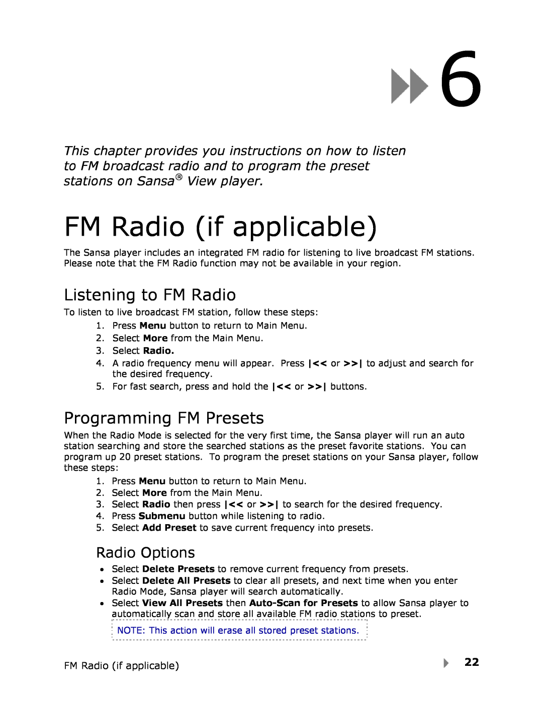 SanDisk View user manual FM Radio if applicable, Listening to FM Radio, Programming FM Presets, Radio Options 