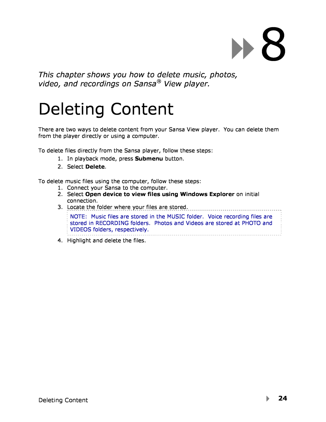SanDisk View user manual Deleting Content 