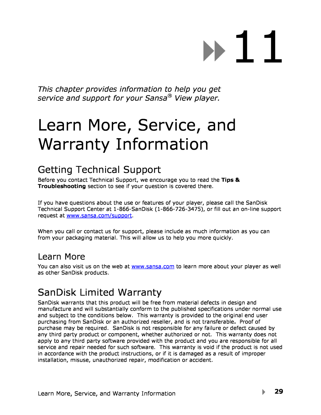 SanDisk View user manual Learn More, Service, and Warranty Information, Getting Technical Support, SanDisk Limited Warranty 