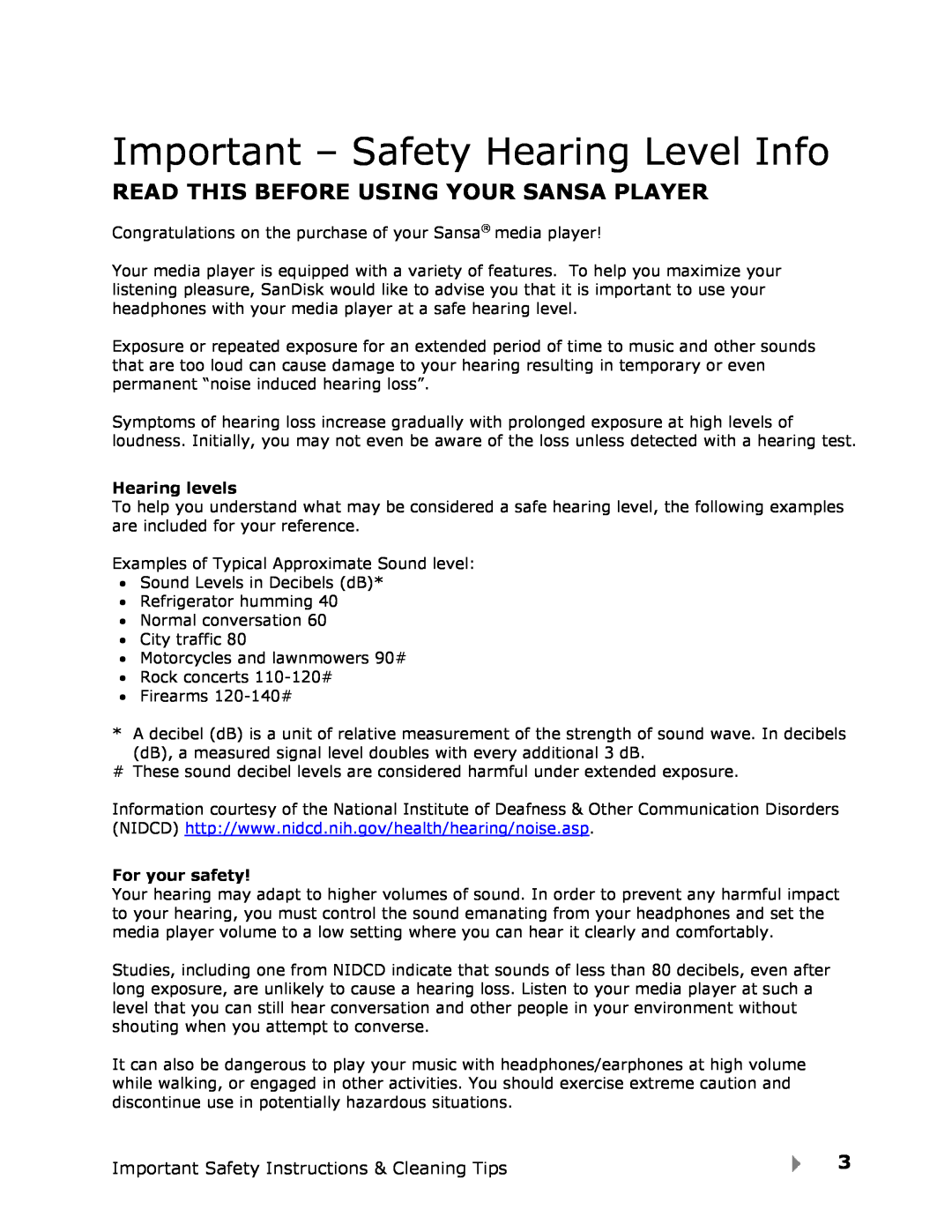 SanDisk View user manual Important - Safety Hearing Level Info, Read This Before Using Your Sansa Player, Hearing levels 