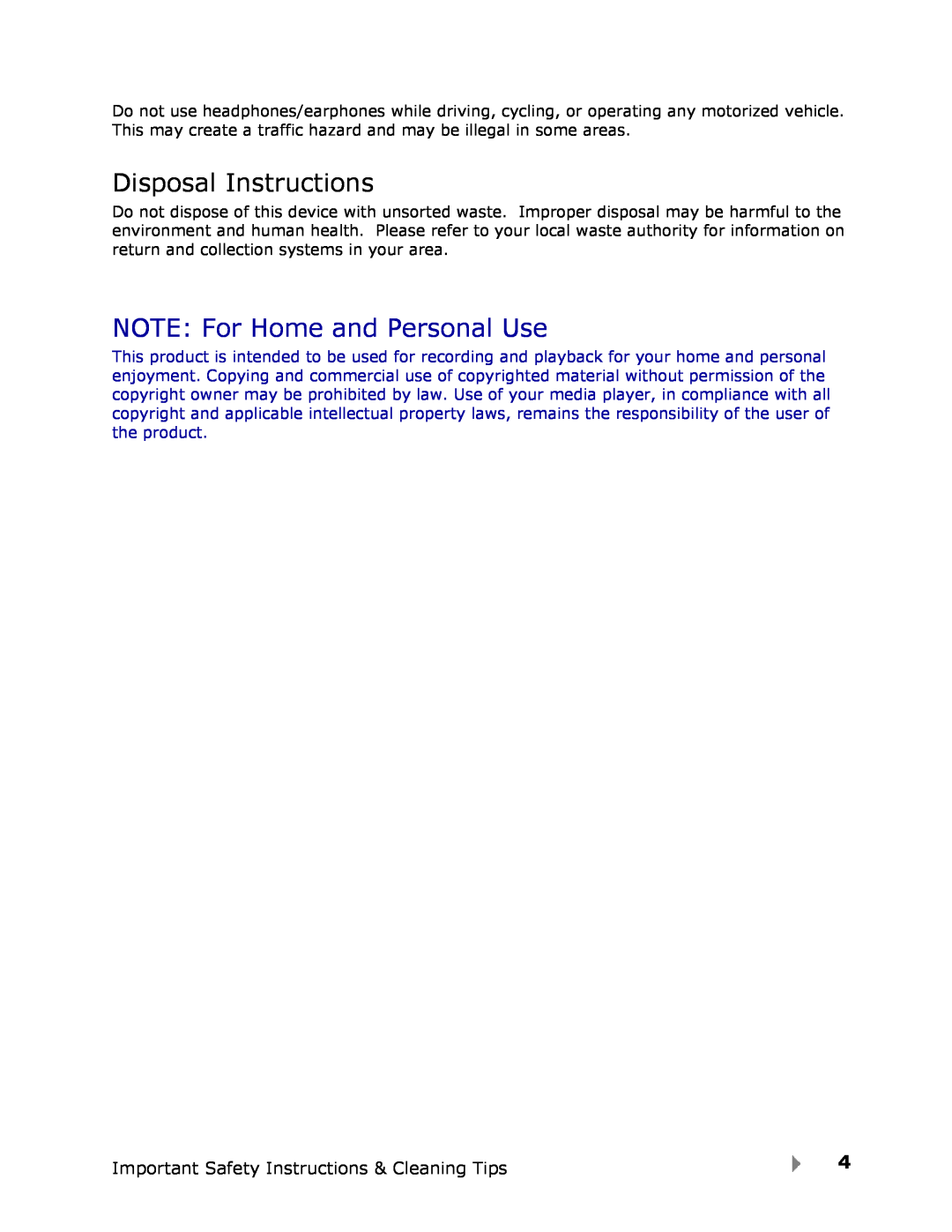 SanDisk View user manual Disposal Instructions, NOTE For Home and Personal Use 