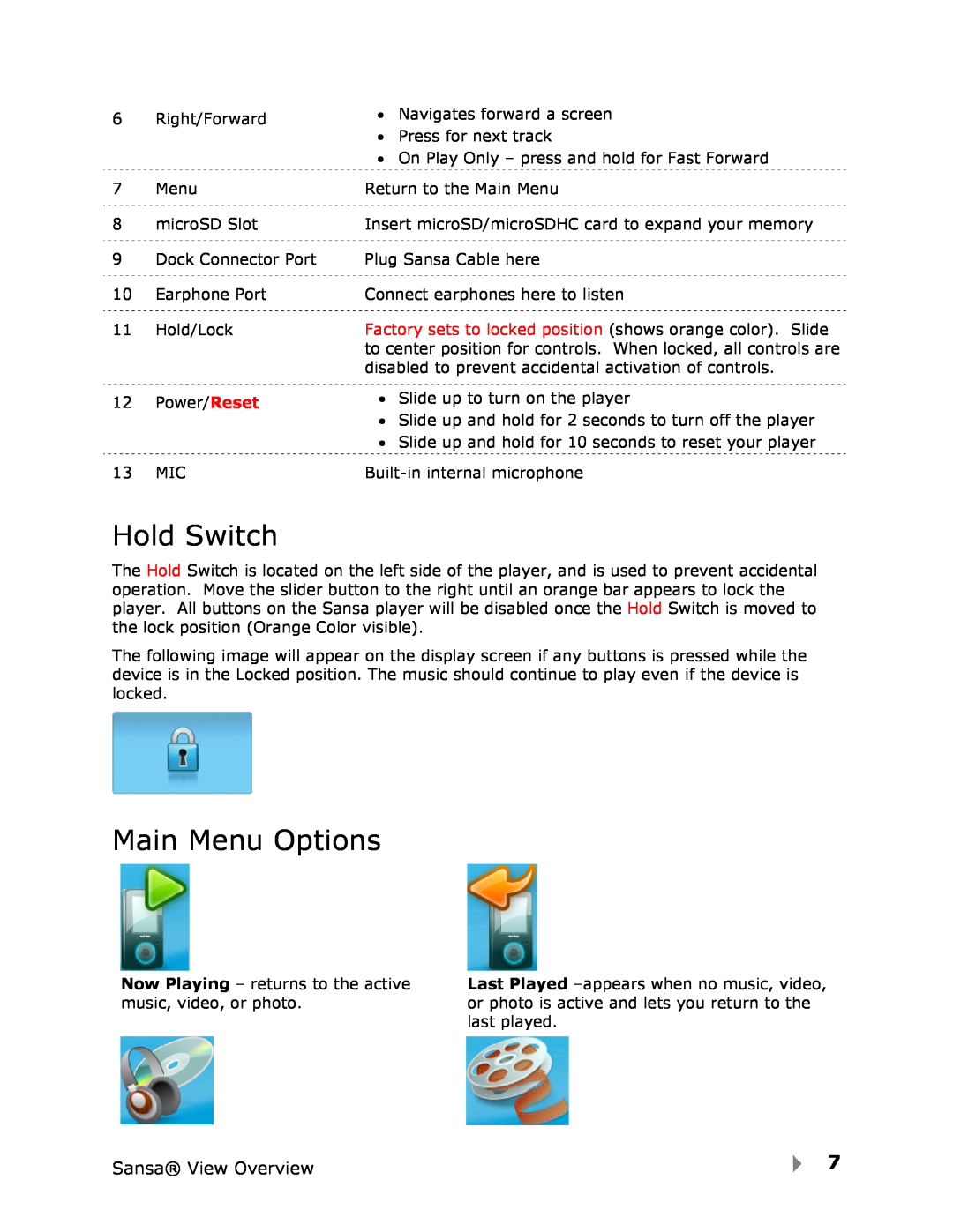 SanDisk View user manual Hold Switch, Main Menu Options 