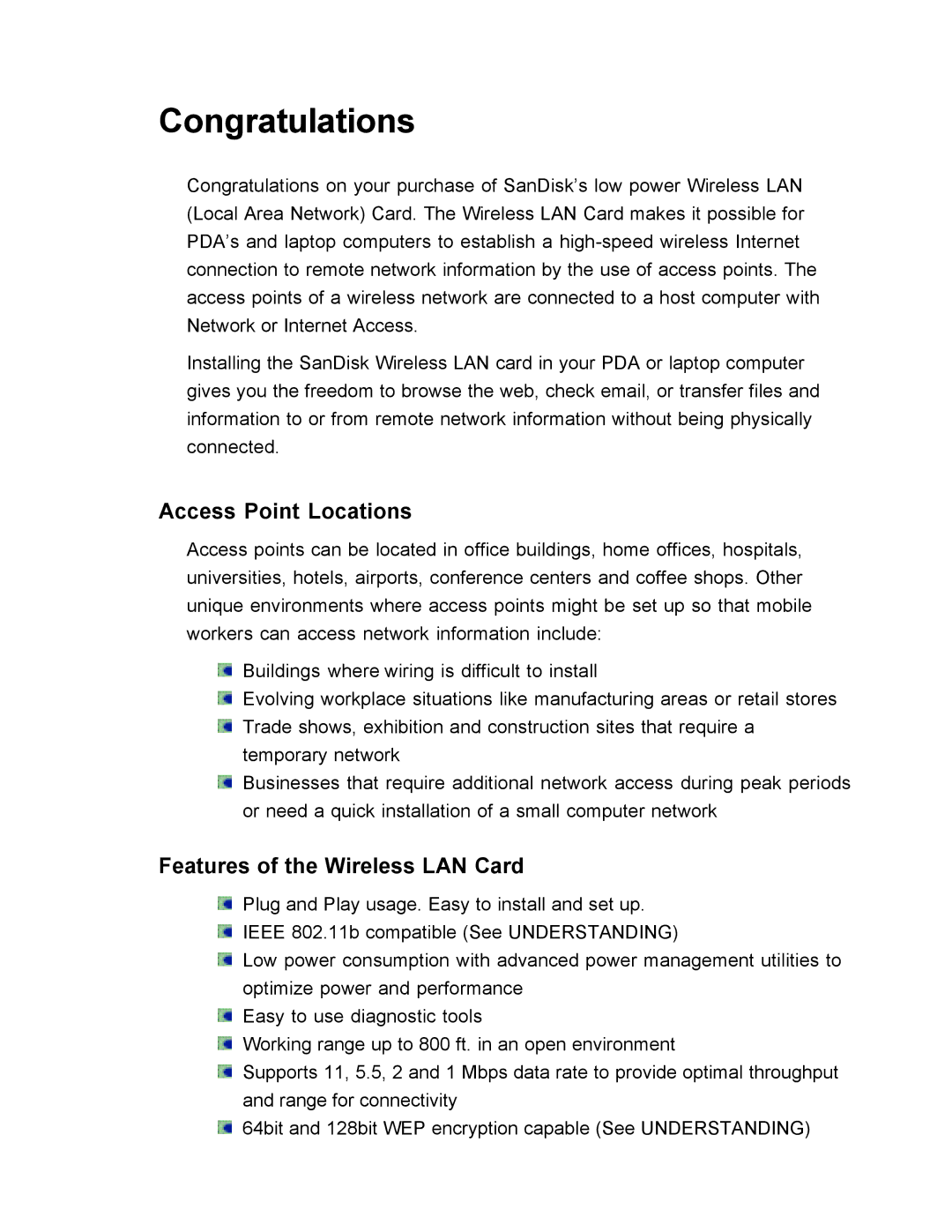 SanDisk manual Congratulations, Access Point Locations, Features of the Wireless LAN Card 