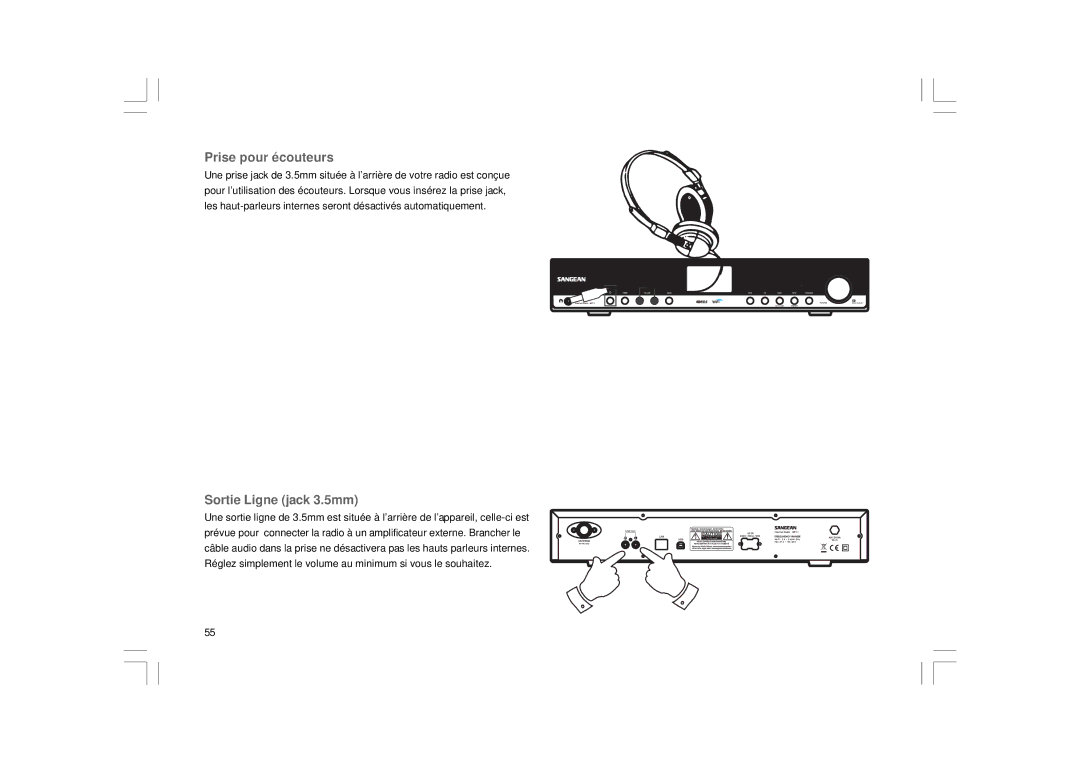 Sangean Electronics 381RB01-A manual Prise pour écouteurs, Sortie Ligne jack 3.5mm 