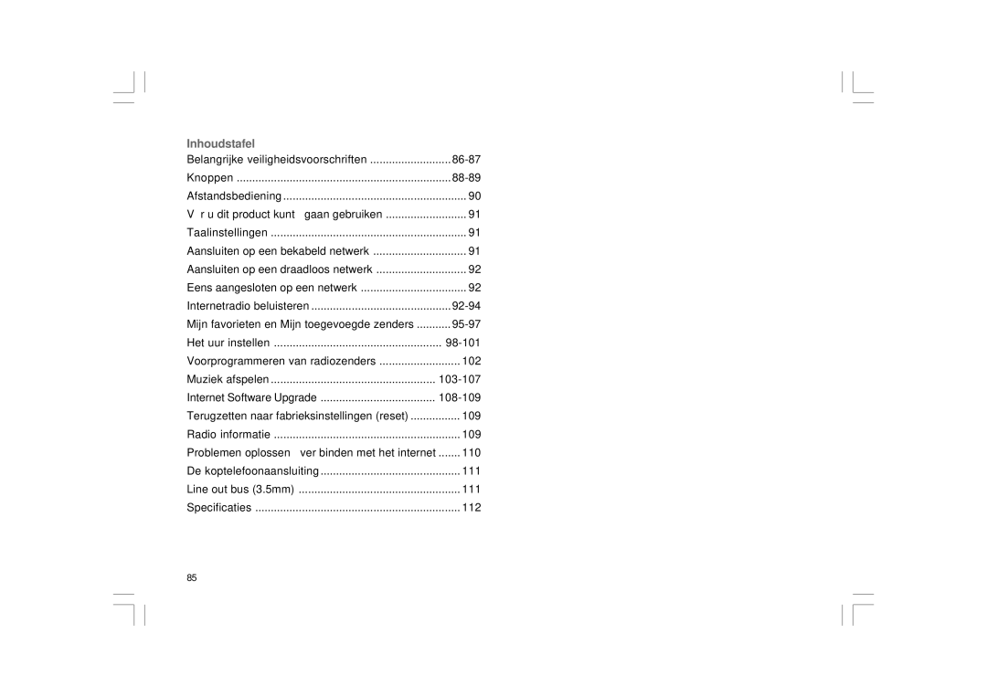 Sangean Electronics 381RB01-A manual Inhoudstafel 