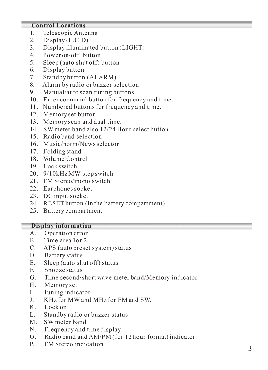 Sangean Electronics ATS-404 manual Control Locations 