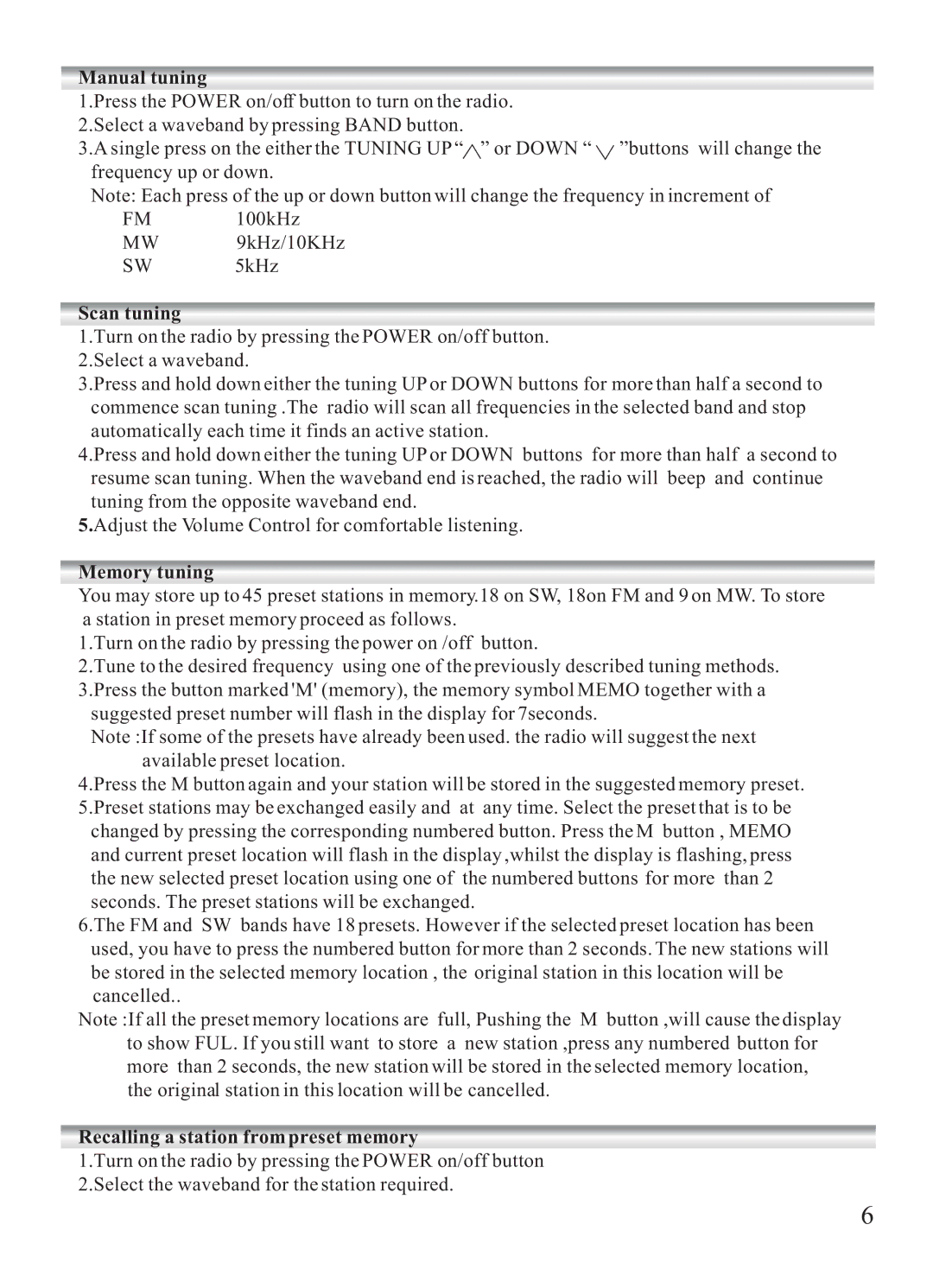 Sangean Electronics ATS-404 manual Manual tuning, Scan tuning, Memory tuning, Recalling a station from preset memory 