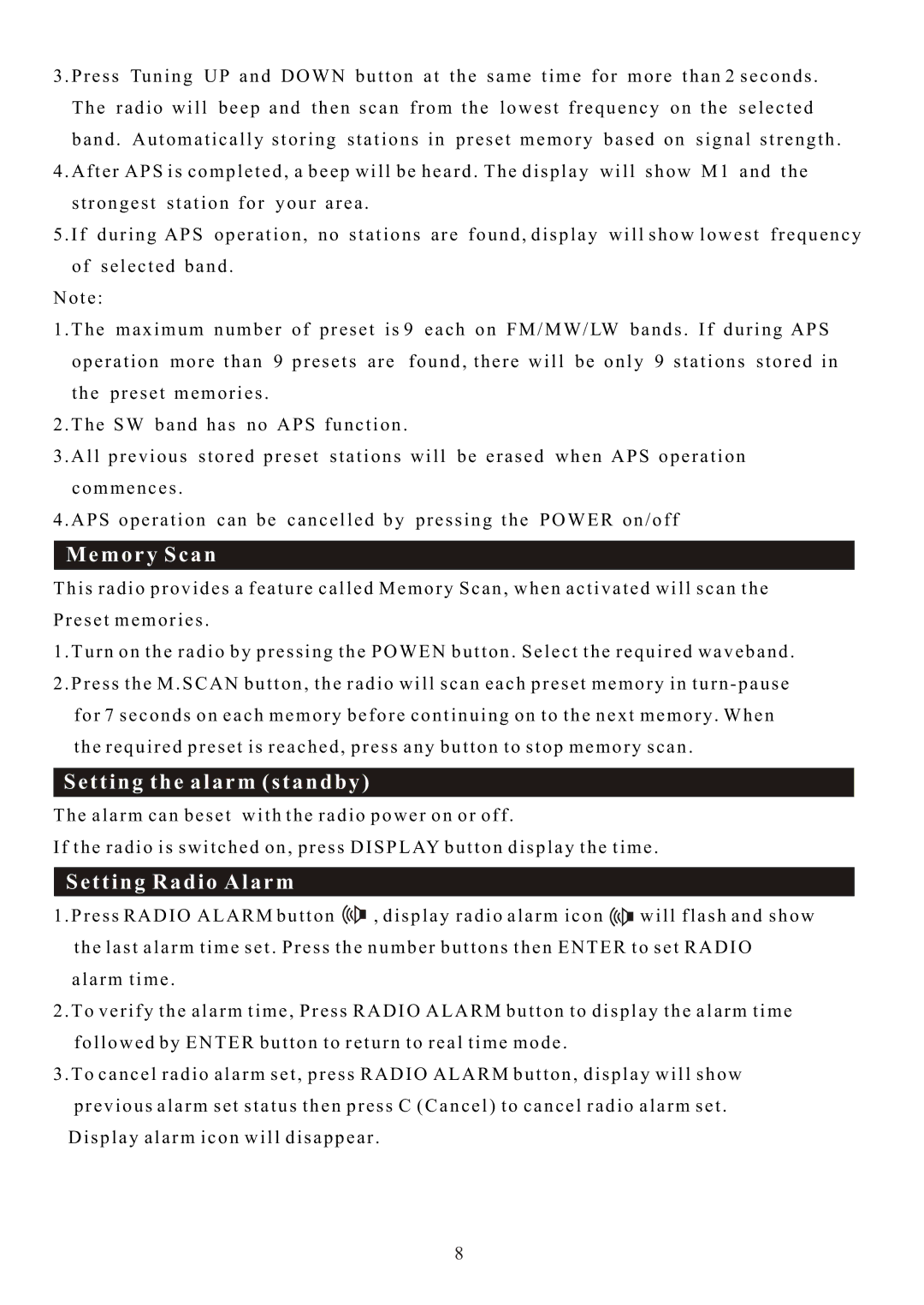 Sangean Electronics ATS-505P manual M o r y S c a n, T t i n g t h e Alarm s t a n d b y, T t i n g R a d i o Alarm 