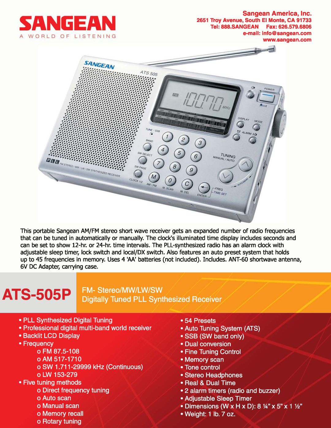Sangean Electronics ATS-505P manual 