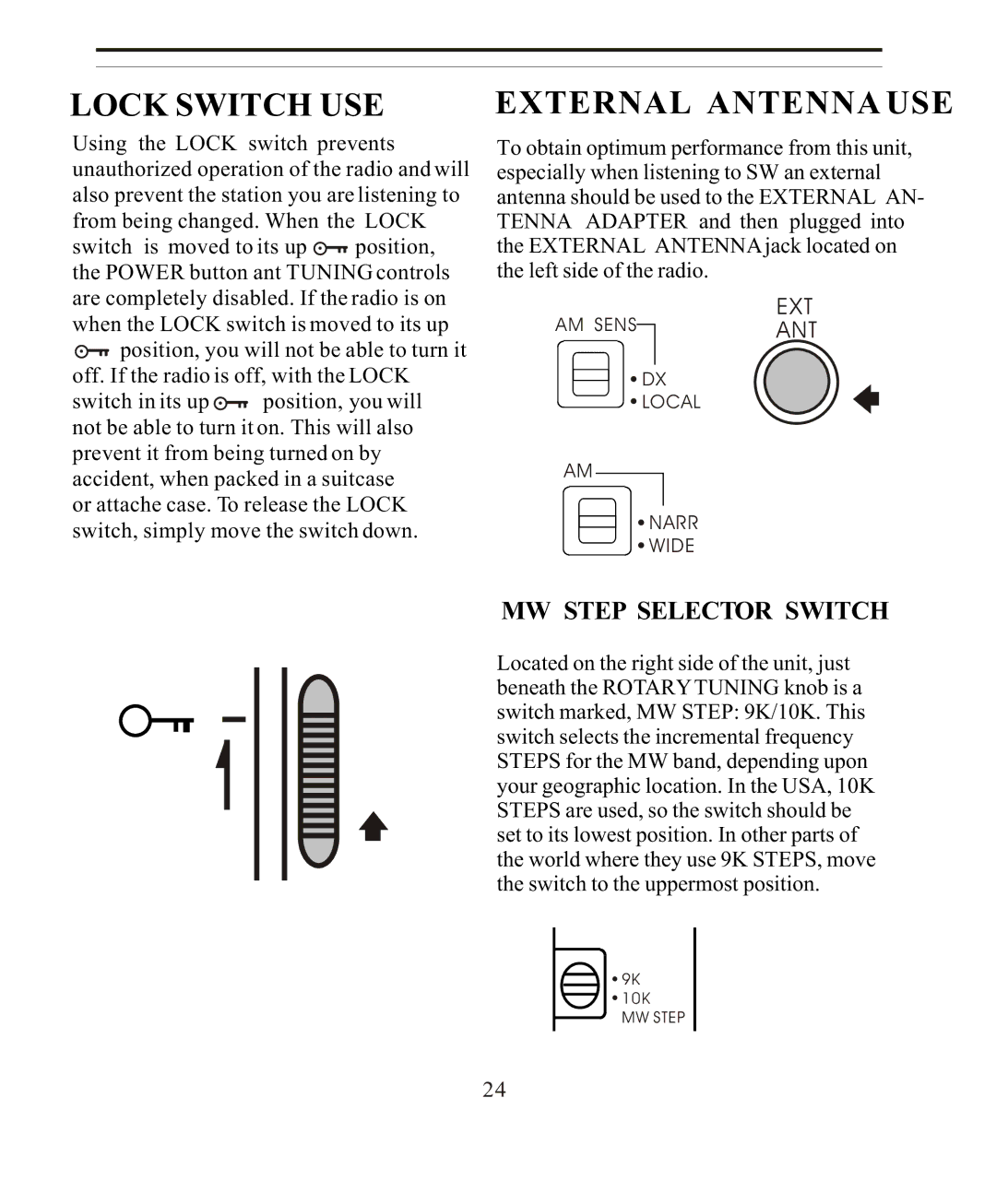 Sangean Electronics ATS-808A manual Lock Switch USE, External Antenna USE 