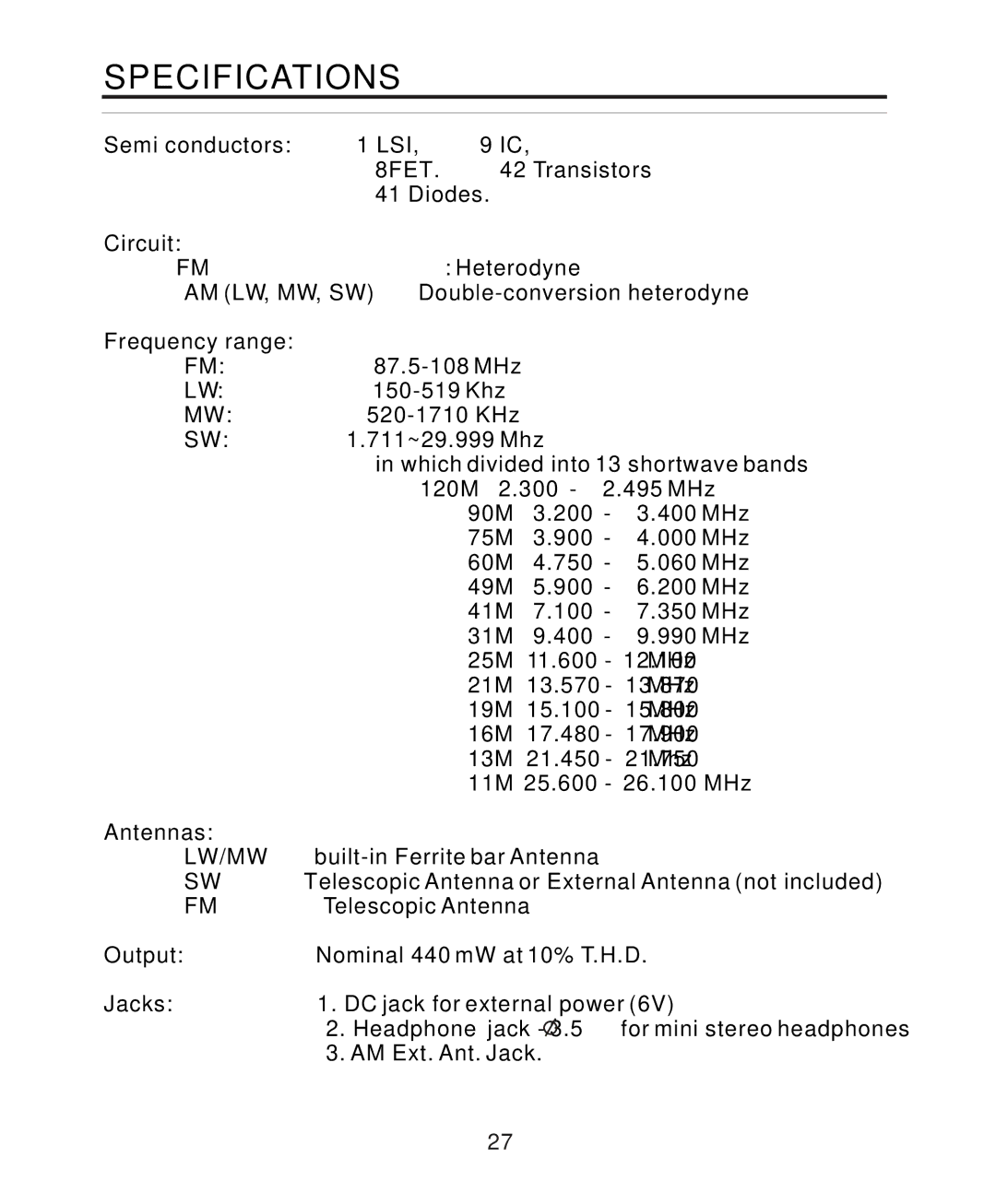 Sangean Electronics ATS-808A manual Specifications, Am Lw, Mw, Sw 