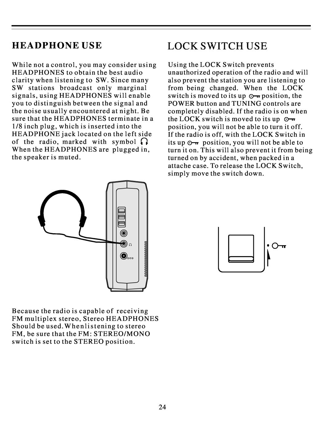 Sangean Electronics ATS-818ACS manual Lock Switch Use, H E A D P H O Ne U S E 