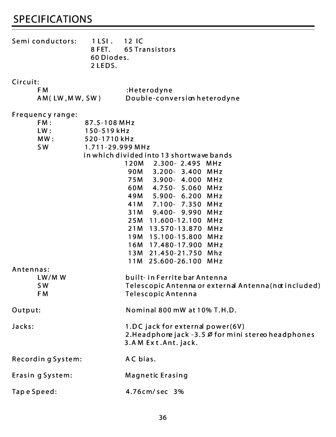 Sangean Electronics ATS-818ACS manual Specifications, L E D S, 4 . 7 6 c m/ s ec 3 % 