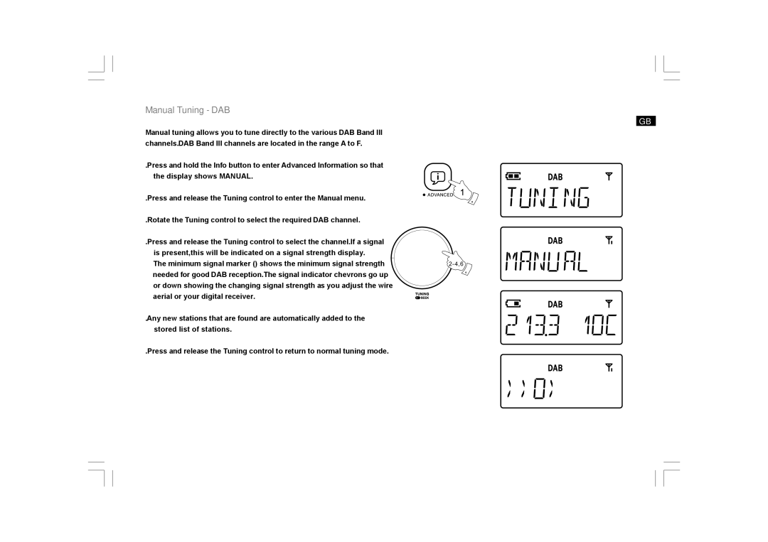 Sangean Electronics DCR-200 manual Manual Tuning DAB 