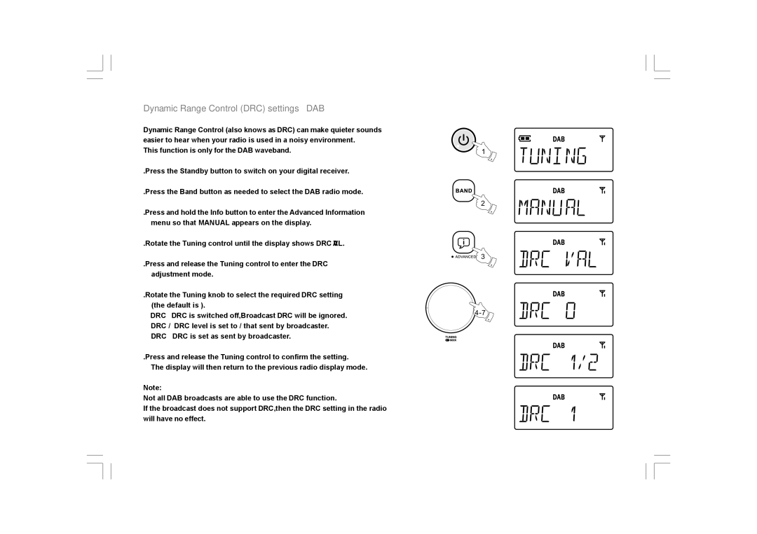 Sangean Electronics DCR-200 manual Dynamic Range Control DRC settings DAB 