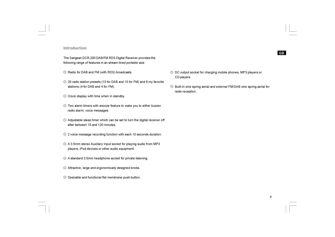 Sangean Electronics DCR-200 manual Introduction 