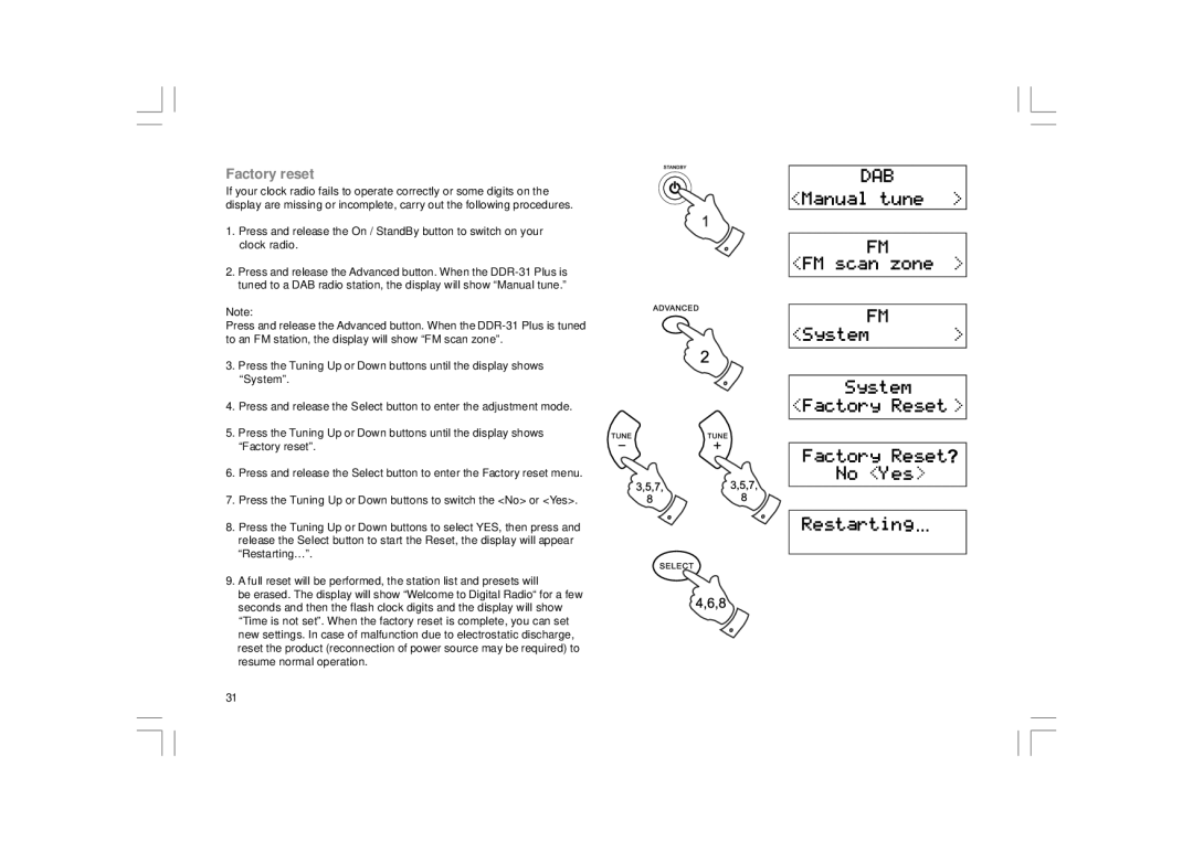 Sangean Electronics DDR-31+ manual Factory reset 