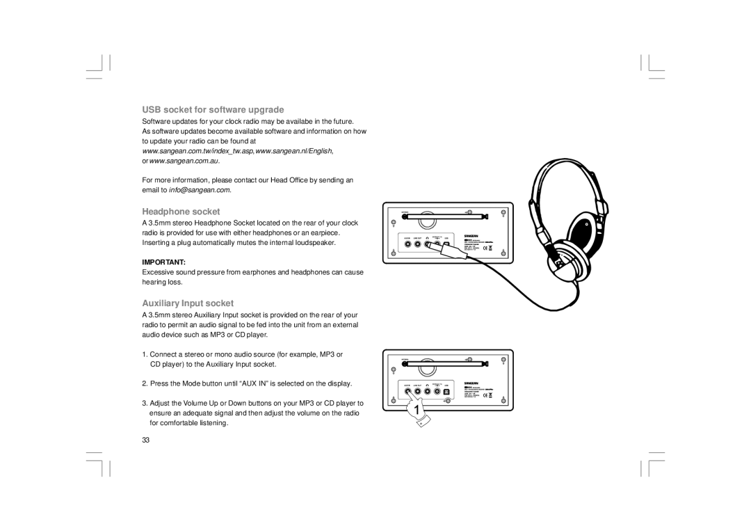 Sangean Electronics DDR-31+ manual USB socket for software upgrade, Headphone socket, Auxiliary Input socket 