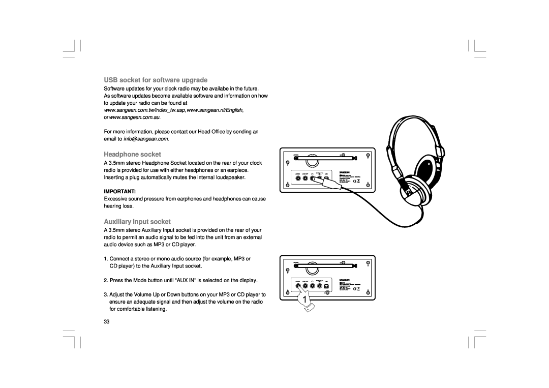 Sangean Electronics DDR-31+ manual USB socket for software upgrade, Headphone socket, Auxiliary Input socket 