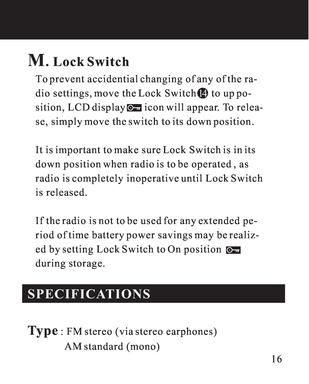 Sangean Electronics DT-110 manual M. Lock Switch, Specifications 