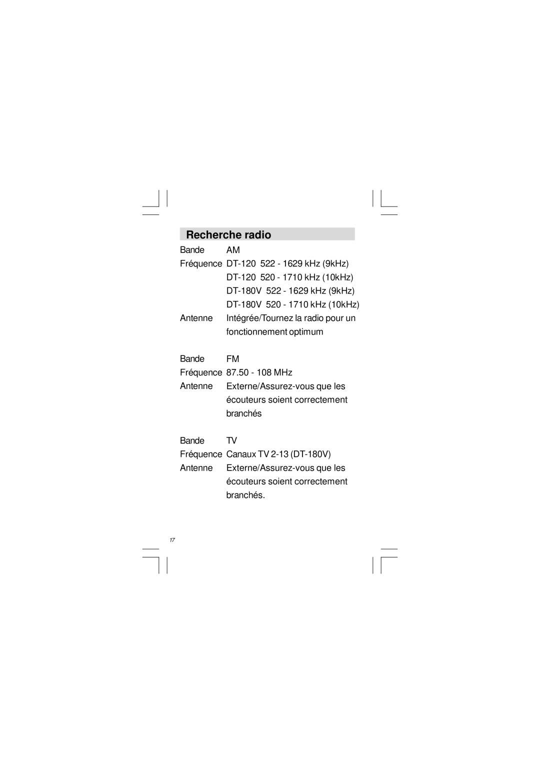 Sangean Electronics DT-120 manual Recherche radio 