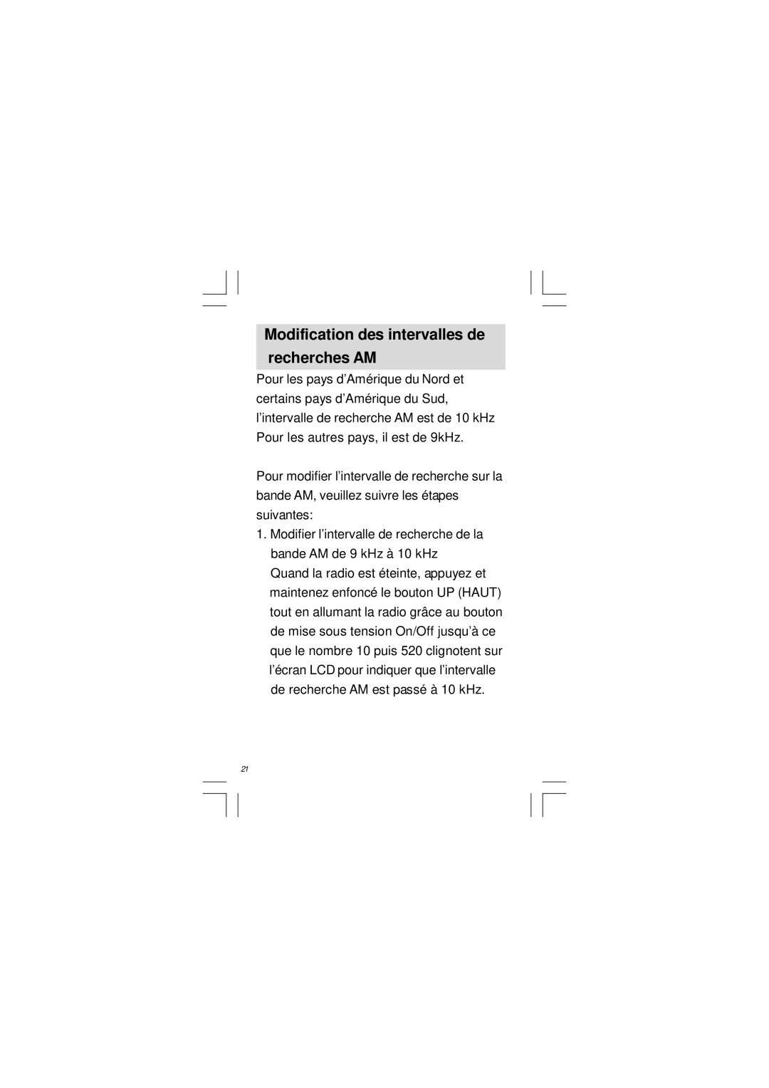 Sangean Electronics DT-120 manual Modification des intervalles de recherches AM 