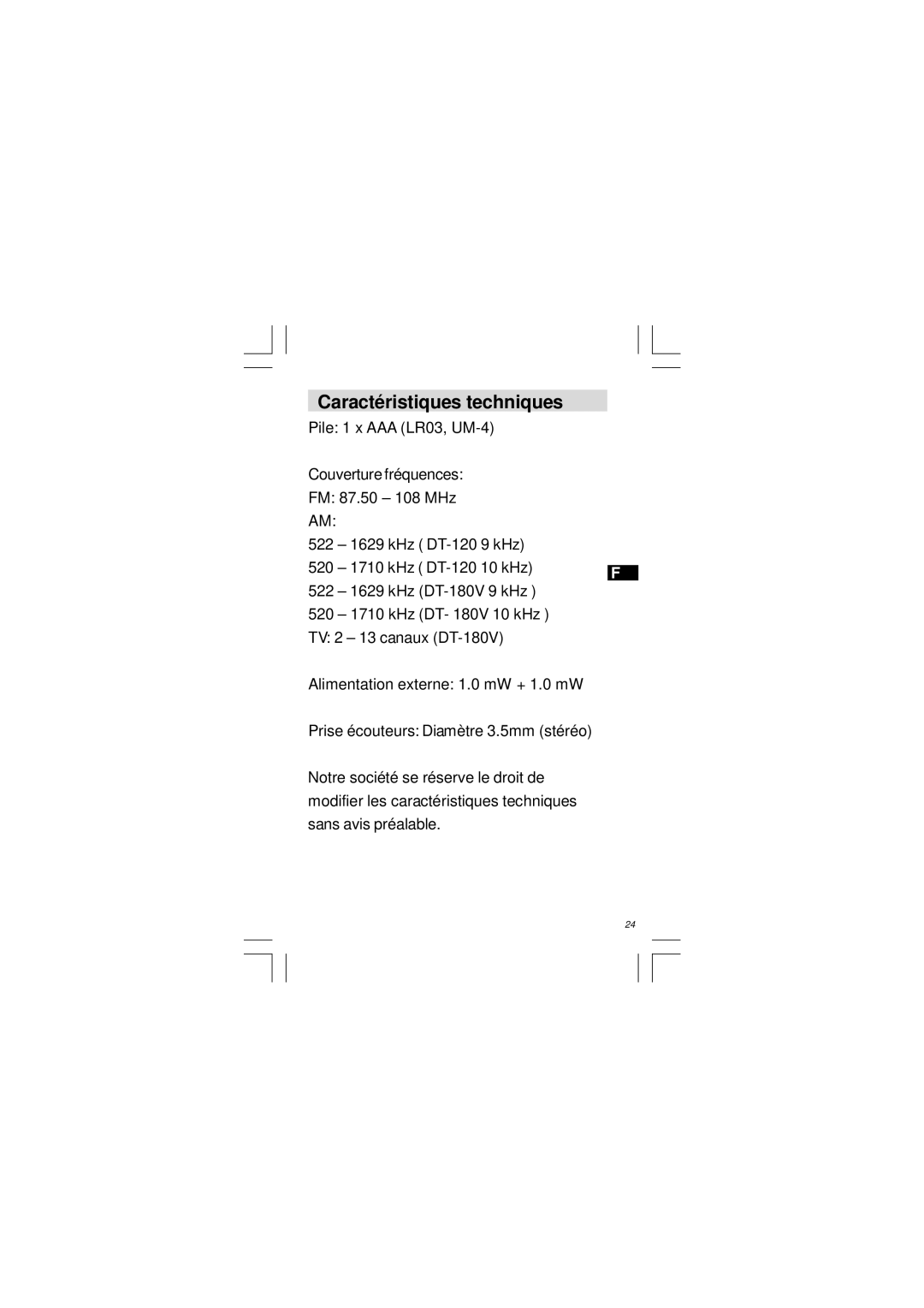 Sangean Electronics DT-120 manual Caractéristiques techniques 