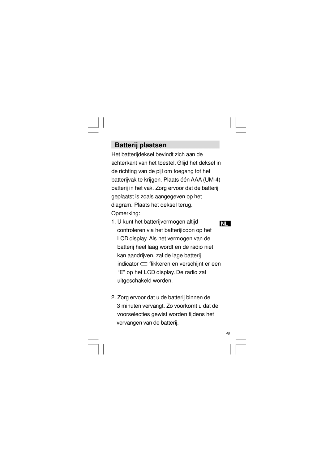 Sangean Electronics DT-120 manual Batterij plaatsen 