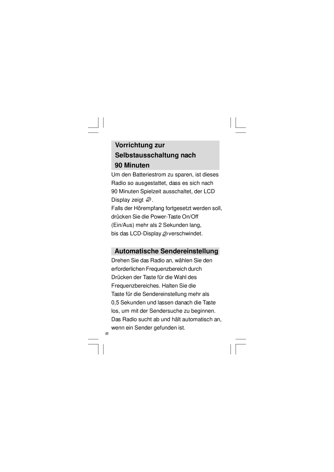 Sangean Electronics DT-120 manual Vorrichtung zur Selbstausschaltung nach 90 Minuten, Automatische Sendereinstellung 