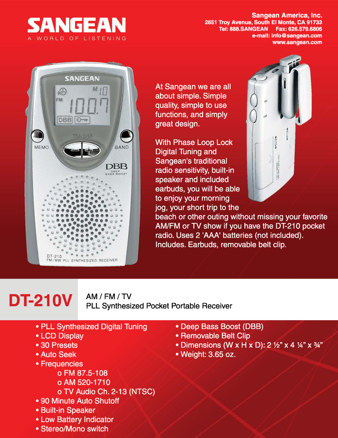 Sangean Electronics DT-210V manual 