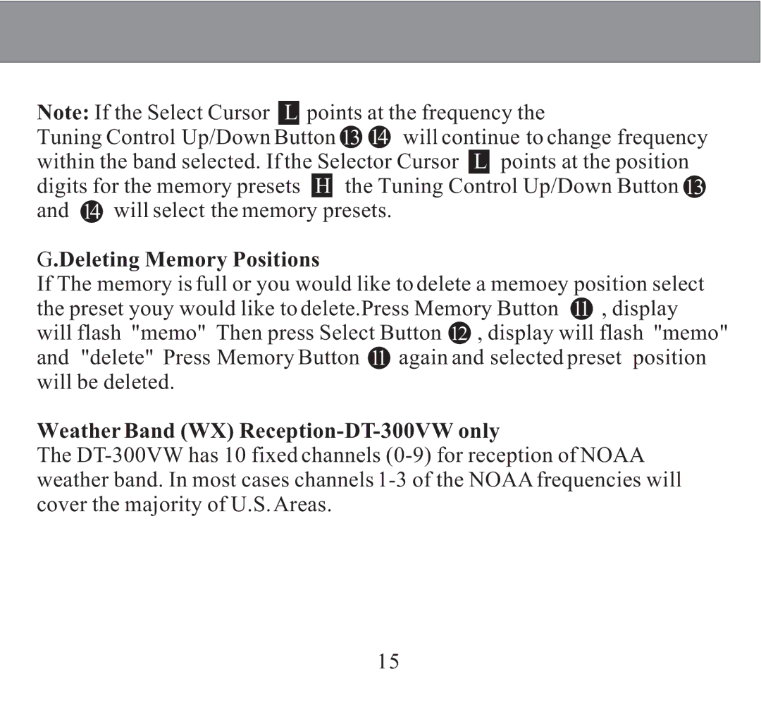 Sangean Electronics manual Deleting Memory Positions, Weather Band WX Reception-DT-300VW only 