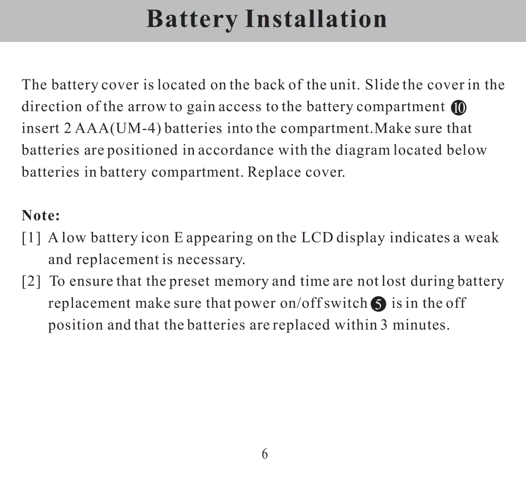 Sangean Electronics DT-300V, FM/AM/TV/WEATHER 4 Band Reviever manual Battery Installation 