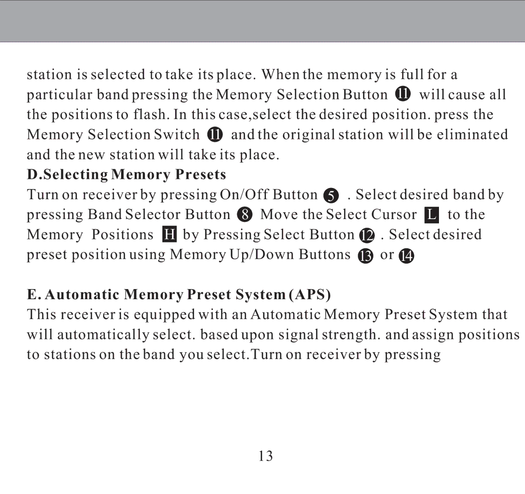 Sangean Electronics DT-300/DT-300V manual Selecting Memory Presets, Automatic Memory Preset System APS 