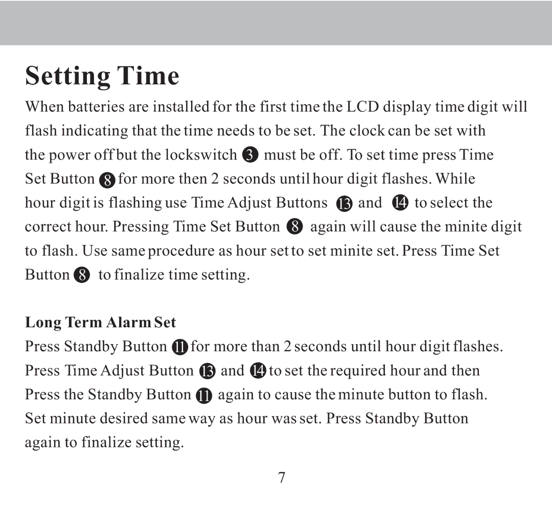 Sangean Electronics DT-300/DT-300V manual Setting Time, Long Term Alarm Set 