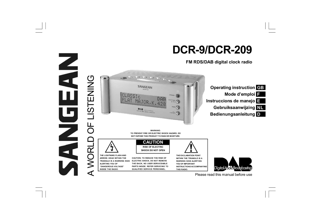 Sangean Electronics FM RDS/DAB digital clock radio manual DCR-9/DCR-209 