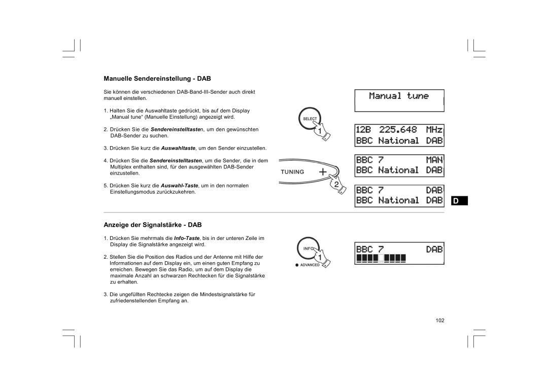 Sangean Electronics FM RDS/DAB digital clock radio manual Manuelle Sendereinstellung DAB, Anzeige der Signalstärke DAB 