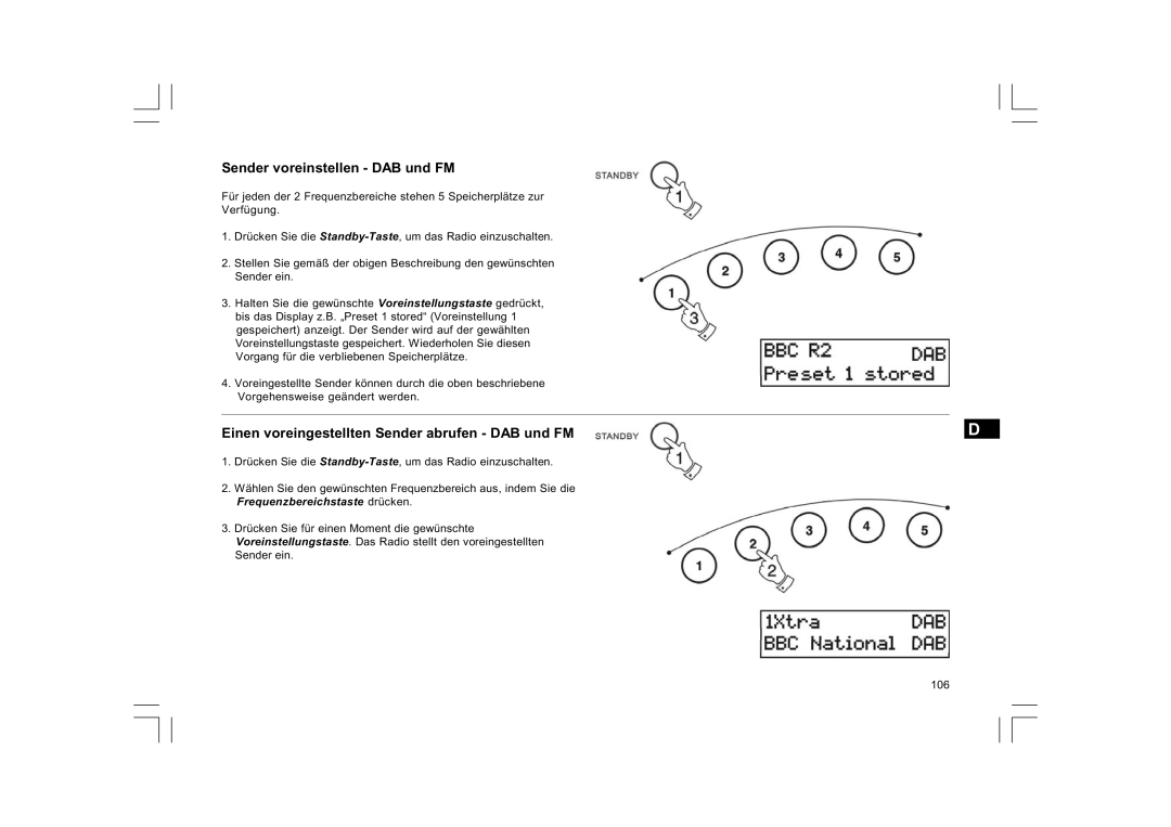 Sangean Electronics FM RDS/DAB digital clock radio, DCR-9/DCR-209 manual Sender voreinstellen DAB und FM 