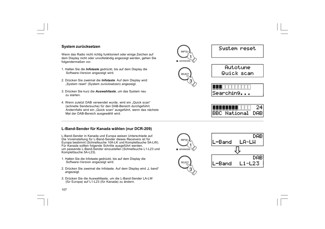 Sangean Electronics DCR-9/DCR-209 manual System zurücksetzen, Band-Sender für Kanada wählen nur DCR-209 